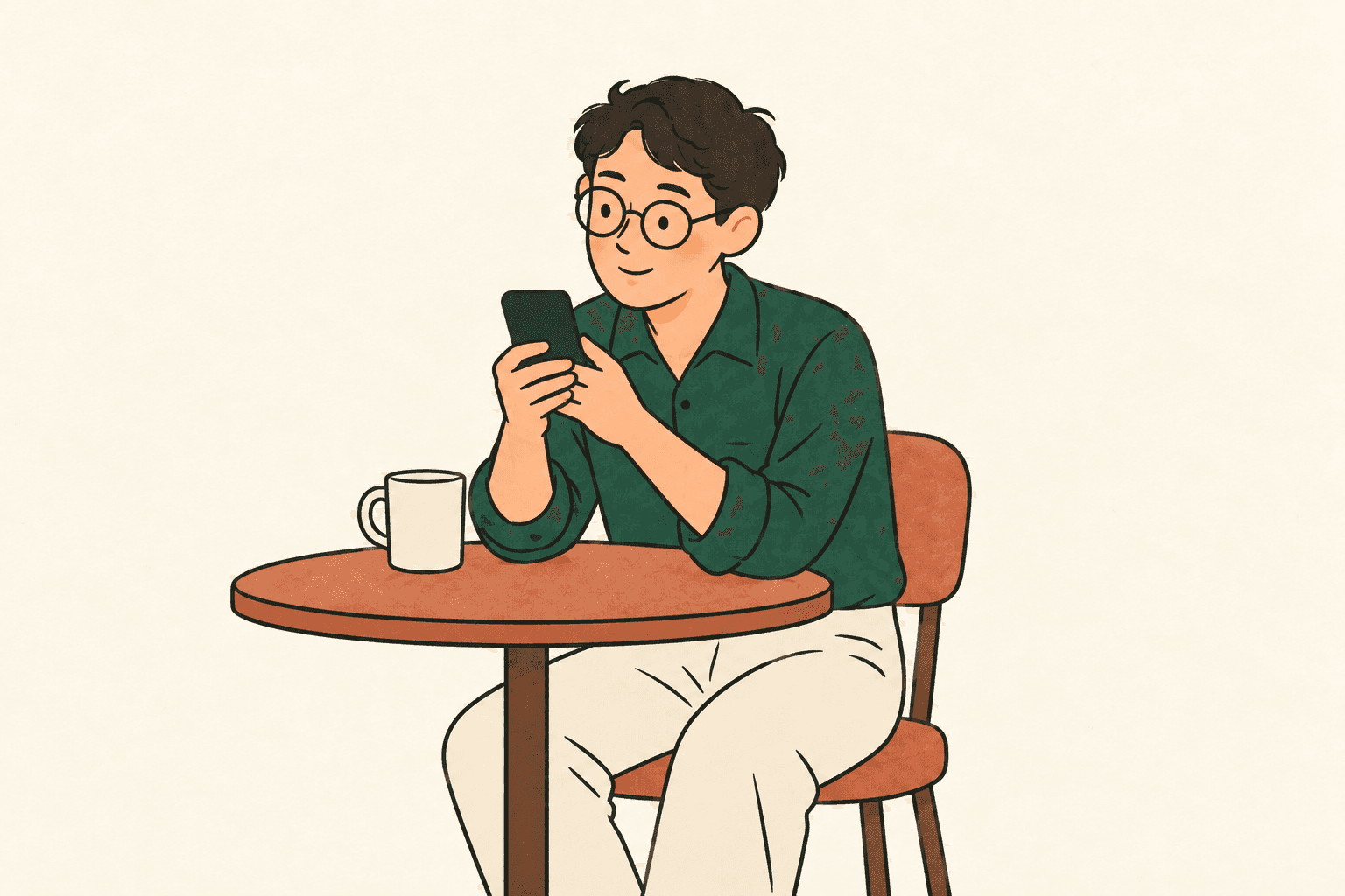 Illustration: The same illustrated character checking a phone at a café table